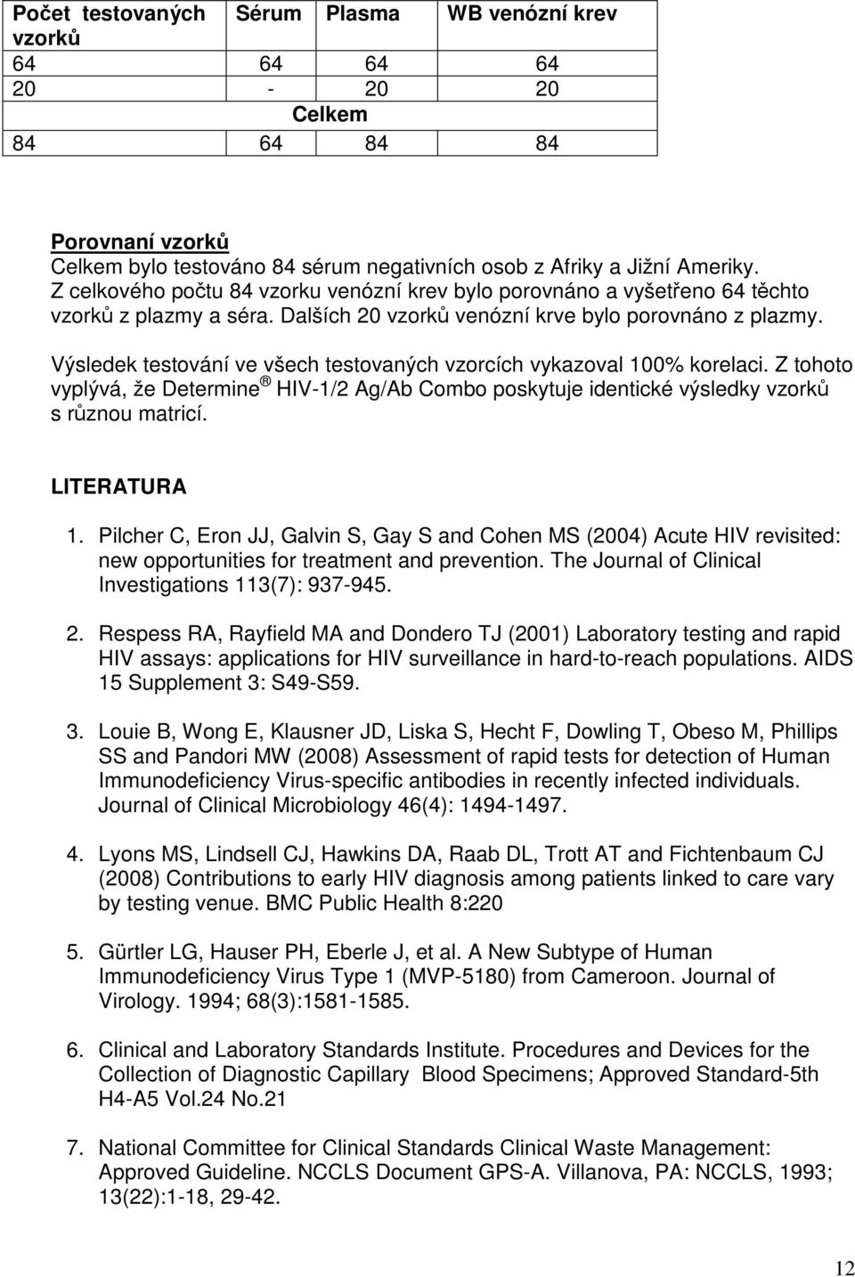 Výsledek testování ve všech testovaných vzorcích vykazoval 100% korelaci. Z tohoto vyplývá, že Determine HIV-1/2 Ag/Ab Combo poskytuje identické výsledky vzorků s různou matricí. LITERATURA 1.