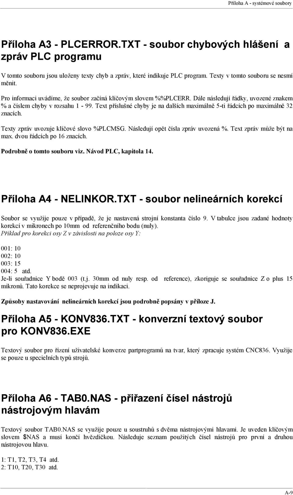 Text příslušné chyby je na dalších maximálně 5-ti řádcích po maximálně 32 znacích. Texty zpráv uvozuje klíčové slovo %PLCMSG. Následují opět čísla zpráv uvozená %. Text zpráv může být na max.