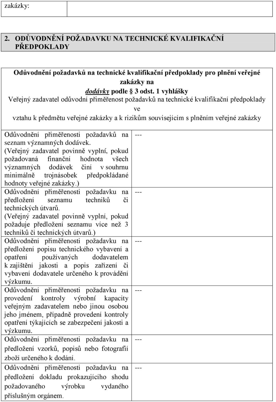 přiměřenosti požadavků na seznam významných dodávek.
