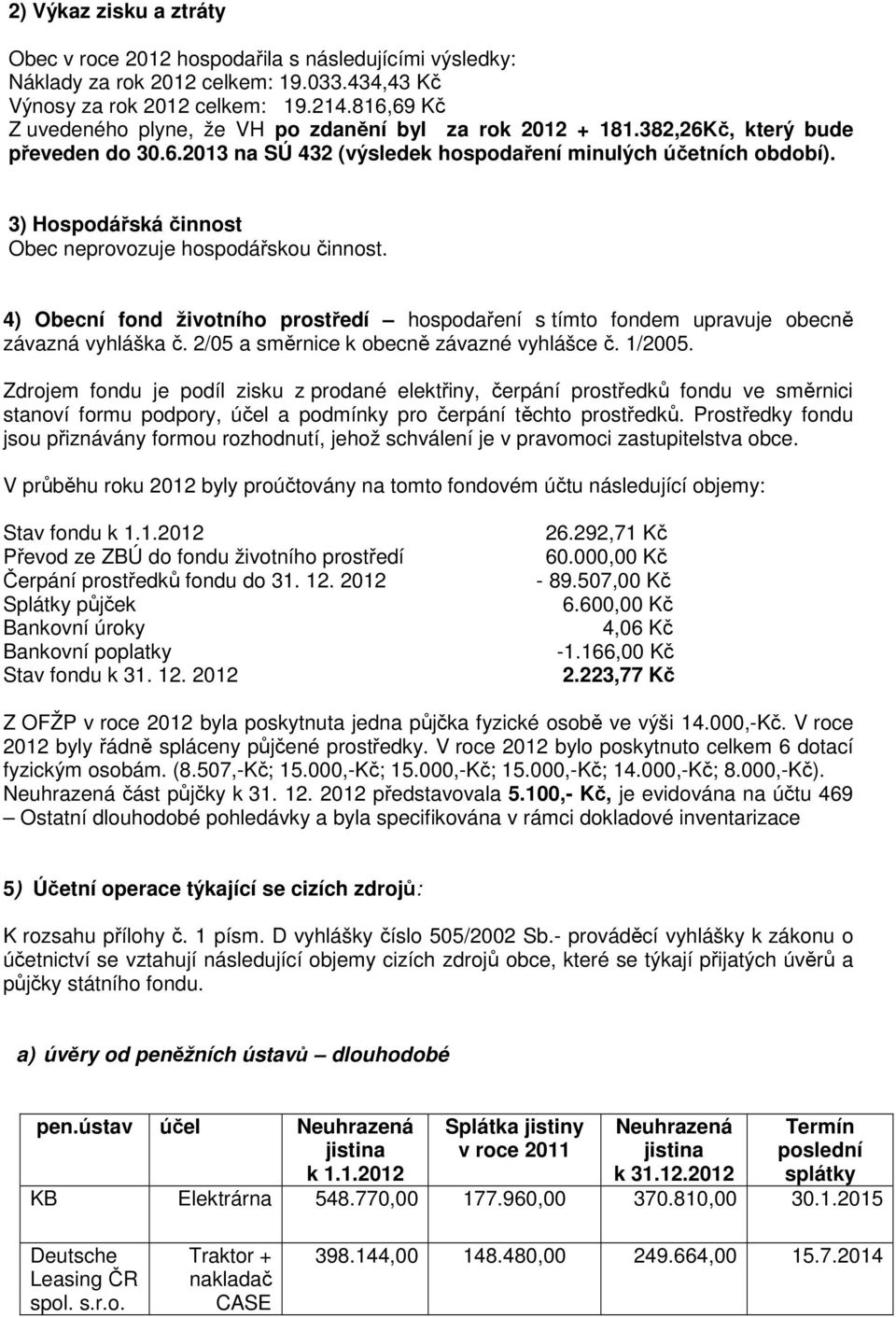 3) Hospodářská činnost Obec neprovozuje hospodářskou činnost. 4) Obecní fond životního prostředí hospodaření s tímto fondem upravuje obecně závazná vyhláška č.