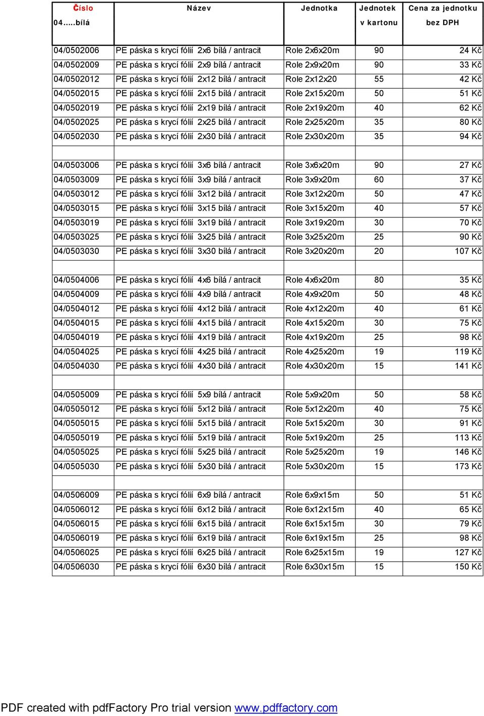 04/00 PE páska s krycí fólií 2x bílá / antracit Role 2xxm 3 4 Kč 04/000 PE páska s krycí fólií 3x bílá / antracit Role 3xxm 0 27 Kč 04/000 PE páska s krycí fólií 3x bílá / antracit Role 3xxm 0 37 Kč