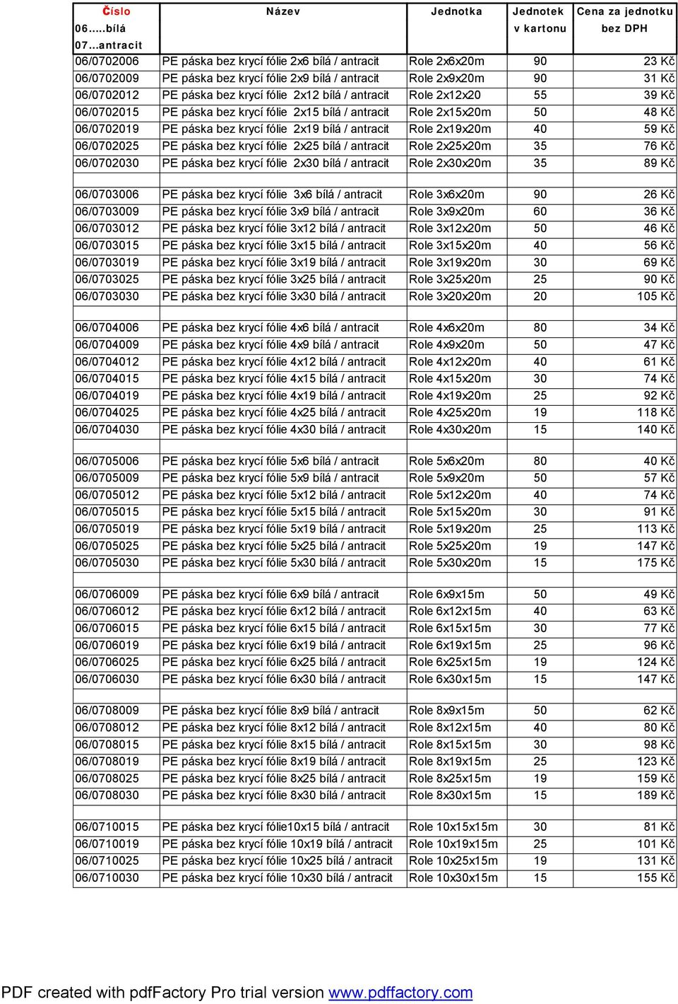 antracit Role 2xxm 3 7 Kč 0/070 PE páska bez krycí fólie 2x bílá / antracit Role 2xxm 3 8 Kč 0/0700 PE páska bez krycí fólie 3x bílá / antracit Role 3xxm 0 2 Kč 0/0700 PE páska bez krycí fólie 3x