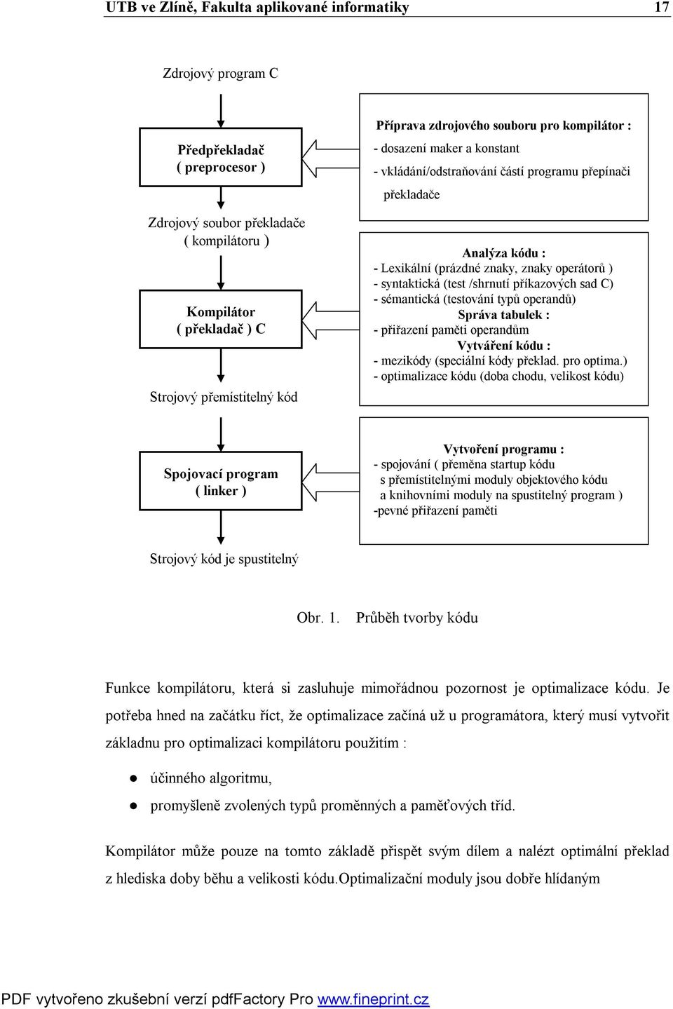 syntaktická (test /shrnutí příkazových sad C) - sémantická (testování typů operandů) Správa tabulek : - přiřazení paměti operandům Vytváření kódu : - mezikódy (speciální kódy překlad. pro optima.