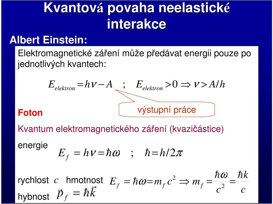 Foton výstupní práce Kvantum elektromagnetického záření (kvazičástice) energie E f = hν =