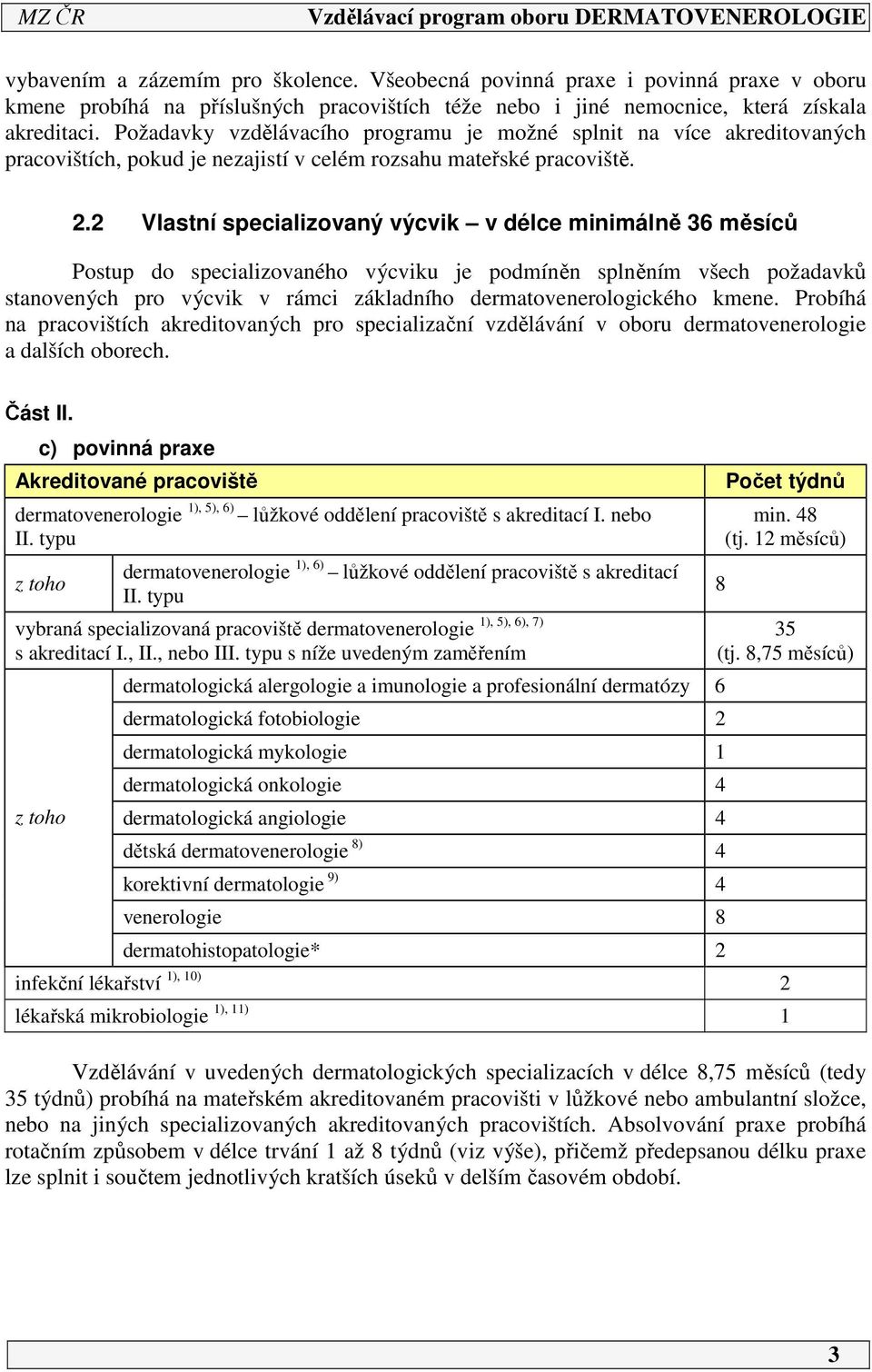 2 Vlastní specializovaný výcvik v délce minimálně 36 měsíců Postup do specializovaného výcviku je podmíněn splněním všech požadavků stanovených pro výcvik v rámci základního dermatovenerologického