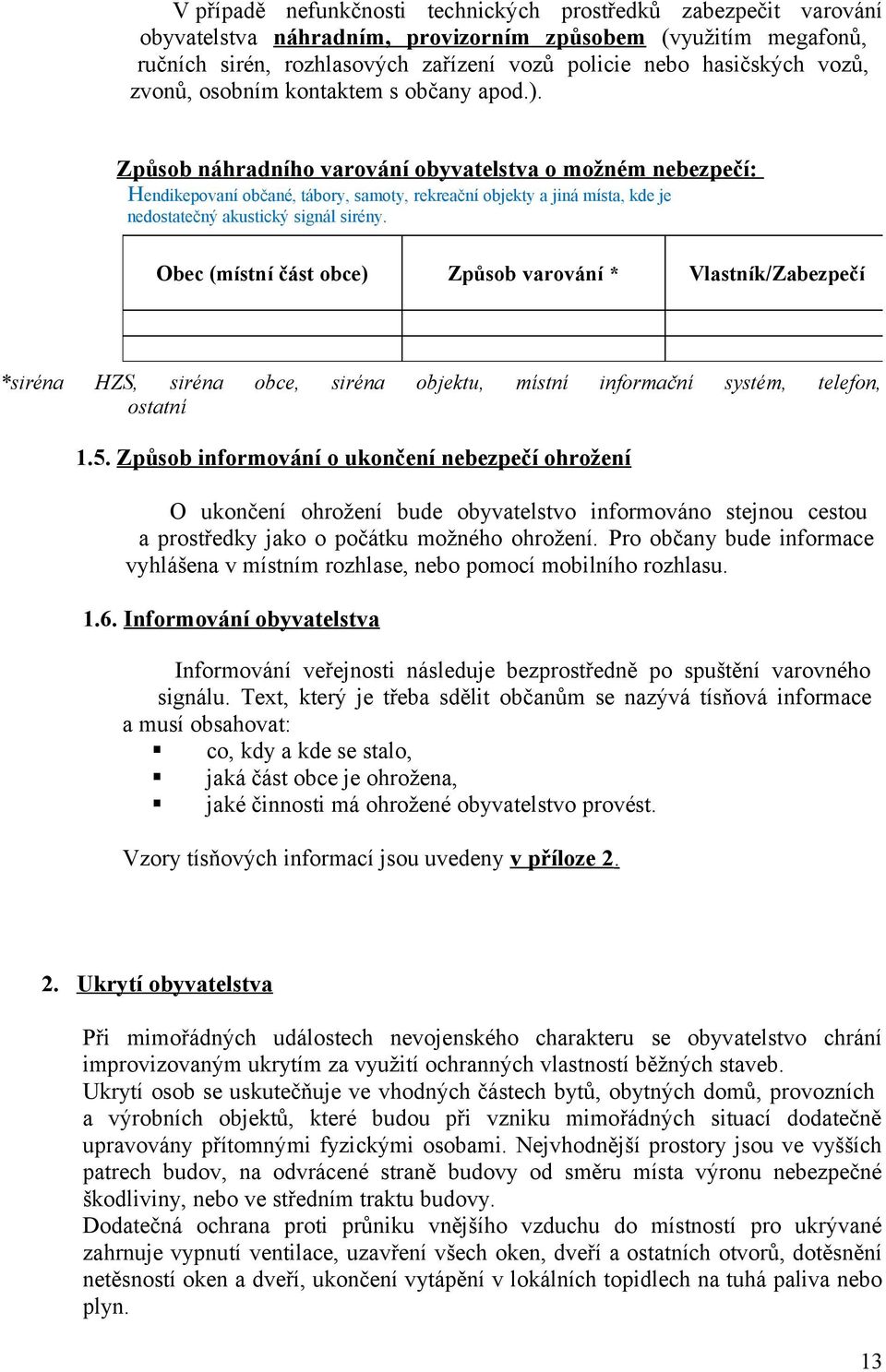 Obec (místní část bce) Způsb varvání * Vlastník/Zabezpečí *siréna HZS, siréna bce, siréna bjektu, místní infrmační systém, telefn, statní 1.5.