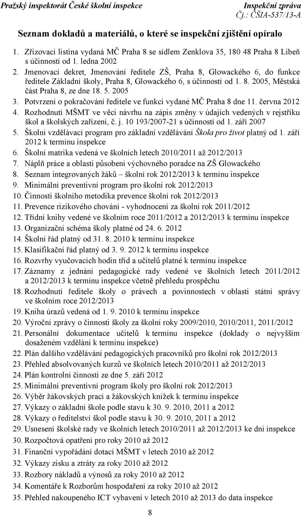 Potvrzení o pokračování ředitele ve funkci vydané MČ Praha 8 dne 11. června 2012 4. Rozhodnutí MŠMT ve věci návrhu na zápis změny v údajích vedených v rejstříku škol a školských zařízení, č. j.