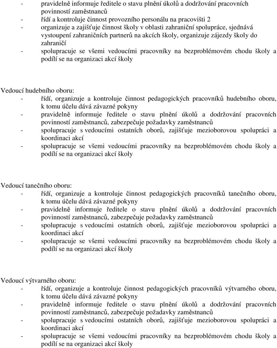 činnost pedagogických pracovníků hudebního oboru, k tomu účelu dává závazné pokyny - pravidelně informuje ředitele o stavu plnění úkolů a dodržování pracovních povinností zaměstnanců, zabezpečuje