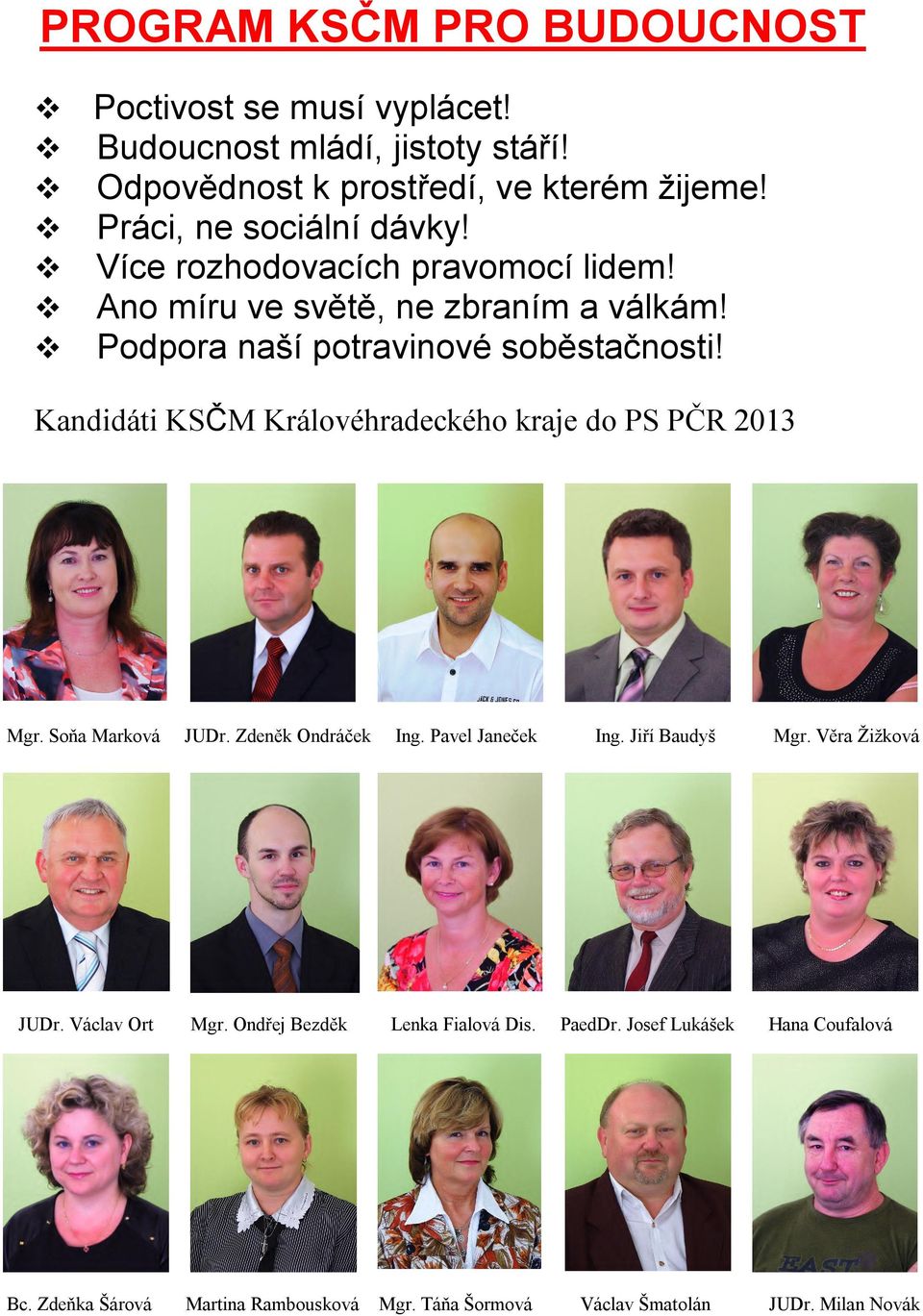 Kandidáti KSČM Královéhradeckého kraje do PS PČR 2013 Mgr. Soňa Marková JUDr. Zdeněk Ondráček Ing. Pavel Janeček Ing. Jiří Baudyš Mgr.