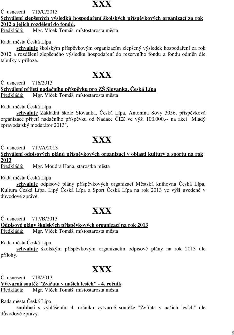 usnesení 716/2013 Schválení přijetí nadačního příspěvku pro ZŠ Slovanka, Česká Lípa schvaluje Základní škole Slovanka, Česká Lípa, Antonína Sovy 3056, příspěvková organizace přijetí nadačního