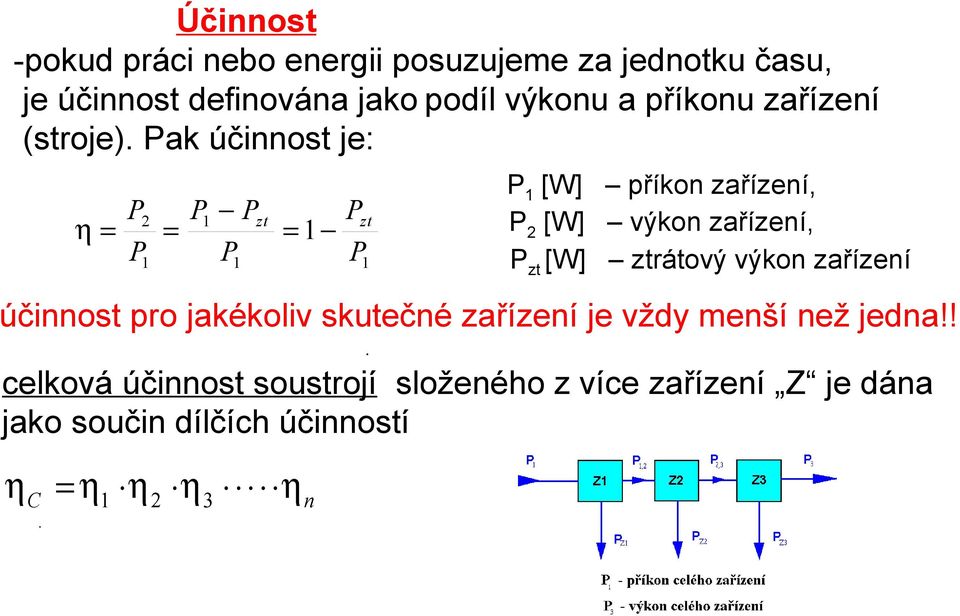 [W] výkon zařízení, P zt [W] ztrátový výkon zařízení účinnost pro jakékoliv skutečné zařízení je vždy menší než