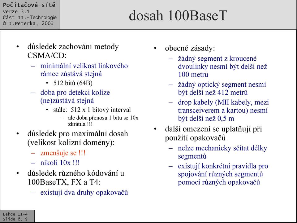 !! důsledek různého kódování u 100BaseTX, FX a T4: existují dva druhy opakovačů obecné zásady: žádný segment z kroucené dvoulinky nesmí být delší než 100 metrů žádný optický segment nesmí být