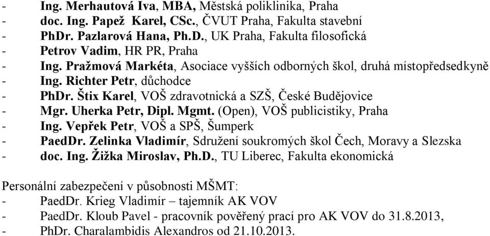 (Open), VOŠ publicistiky, Praha - Ing. Vepřek Petr, VOŠ a SPŠ, Šumperk - PaedDr. Zelinka Vladimír, Sdružení soukromých škol Čech, Moravy a Slezska - doc. Ing. Žižka Miroslav, Ph.D., TU Liberec, Fakulta ekonomická Personální zabezpečení v působnosti MŠMT: - PaedDr.