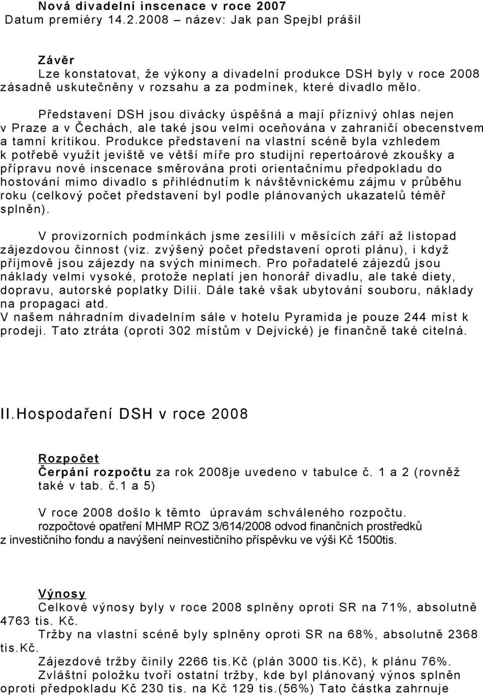 Představení DSH jsou divácky úspěšná a mají příznivý ohlas nejen v Praze a v Čechách, ale také jsou velmi oceňována v zahraničí obecenstvem a tamní kritikou.