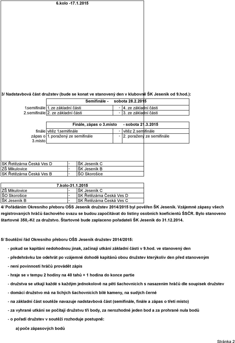 poražený ze semifinále - 2. poražený ze semifinále 3.místo SK Řetězárna Česká Ves D - ŠK Jeseník C ZŠ Mikulovice - ŠK Jeseník B SK Řetězárna Česká Ves B - ŠO Skorošice 7.kolo-31.