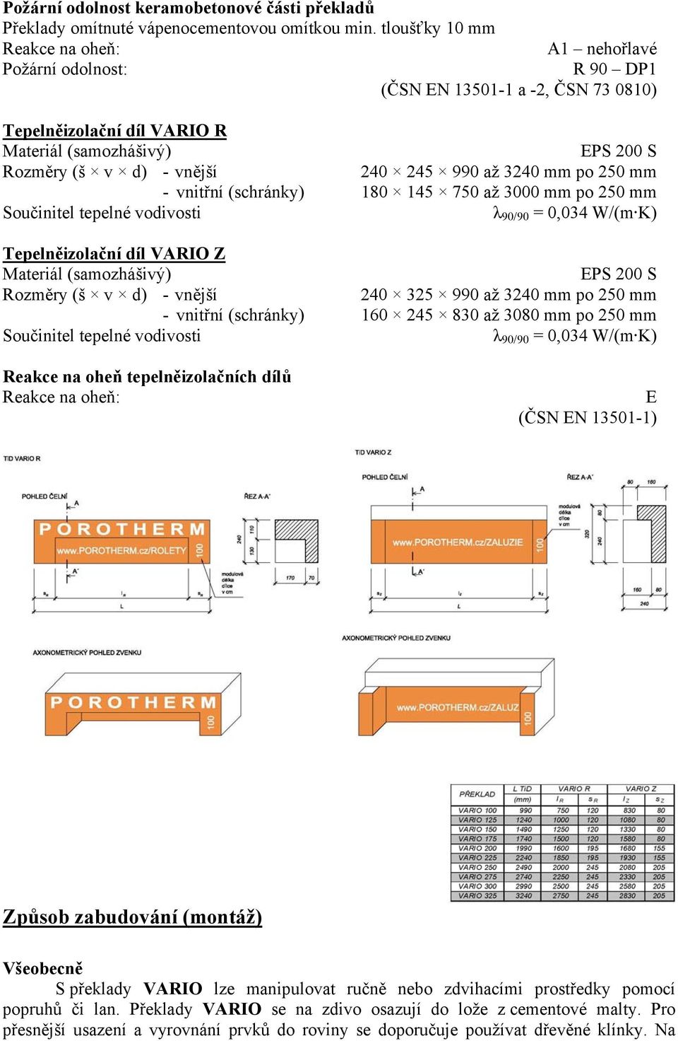 990 až 3240 mm po 250 mm - vnitřní (schránky) 180 145 750 až 3000 mm po 250 mm Součinitel tepelné vodivosti λ 90/90 = 0,034 W/(m K) Tepelněizolační díl VARIO Z Materiál (samozhášivý) EPS 200 S