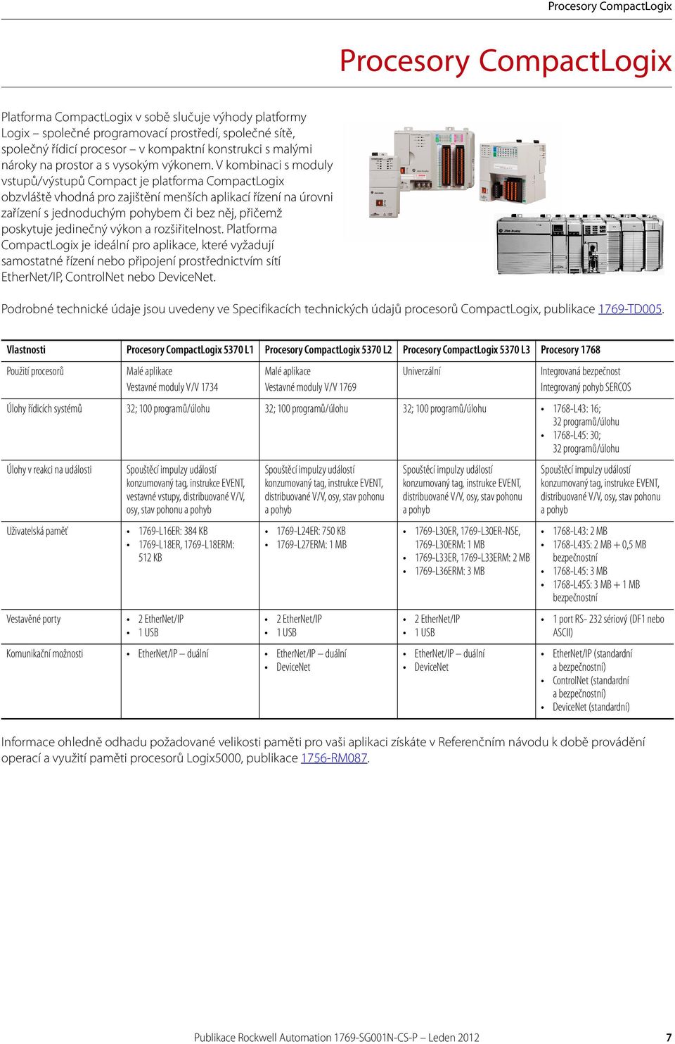 V kombinaci s moduly vstupů/výstupů Compact je platforma CompactLogix obzvláště vhodná pro zajištění menších aplikací řízení na úrovni zařízení s jednoduchým pohybem či bez něj, přičemž poskytuje