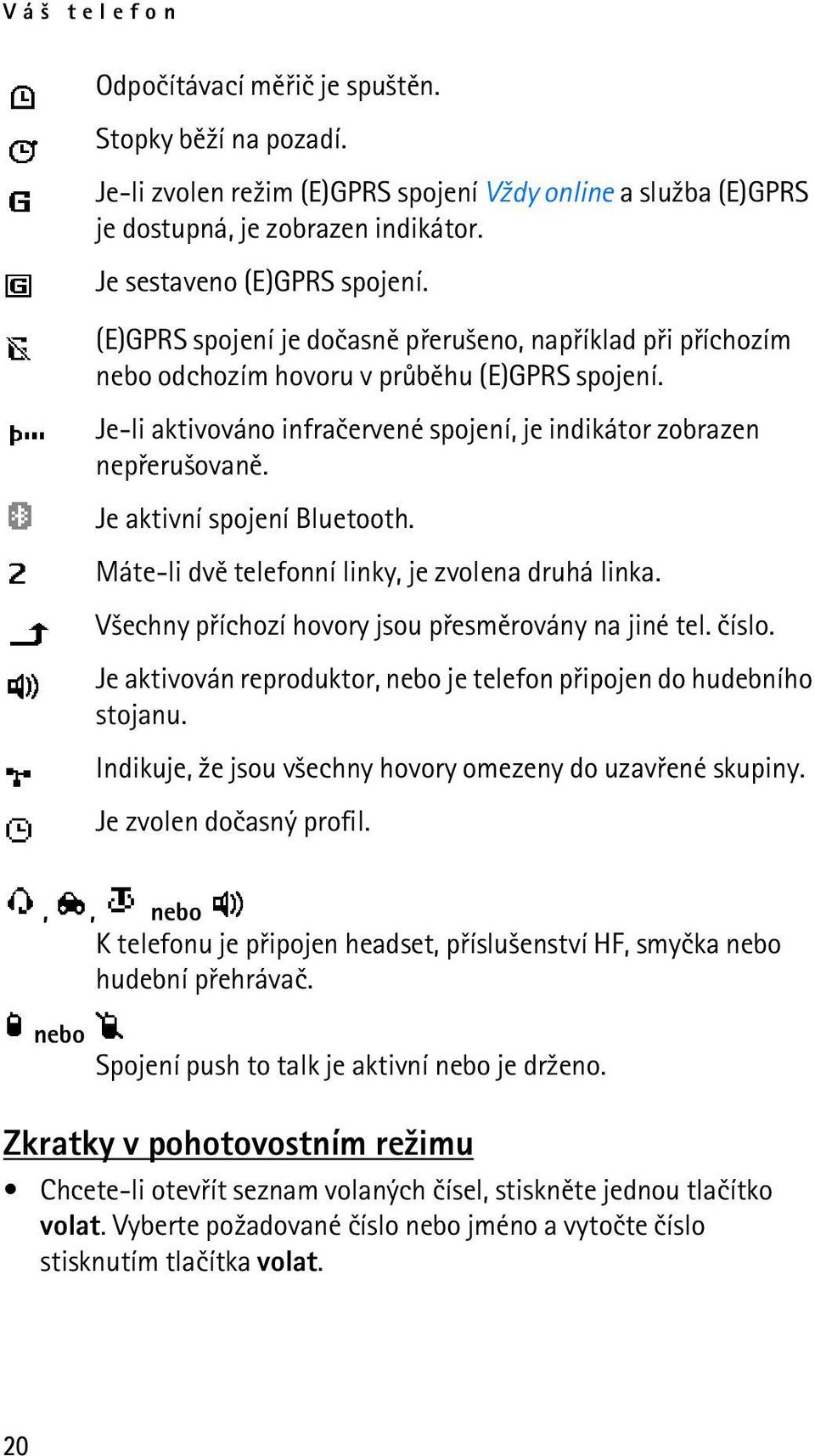 Je aktivní spojení Bluetooth. Máte-li dvì telefonní linky, je zvolena druhá linka. V¹echny pøíchozí hovory jsou pøesmìrovány na jiné tel. èíslo.