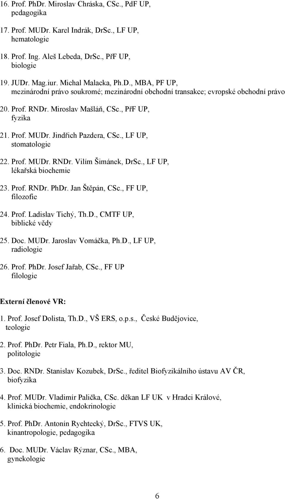 Jindřich Pazdera, Sc., LF UP, stomatologie 22. Prof. MUDr. RNDr. Vilím Šimánek, DrSc., LF UP, lékařská biochemie 23. Prof. RNDr. PhDr. Jan Štěpán, Sc., FF UP, filozofie 24. Prof. Ladislav Tichý, Th.D., MTF UP, biblické vědy 25.