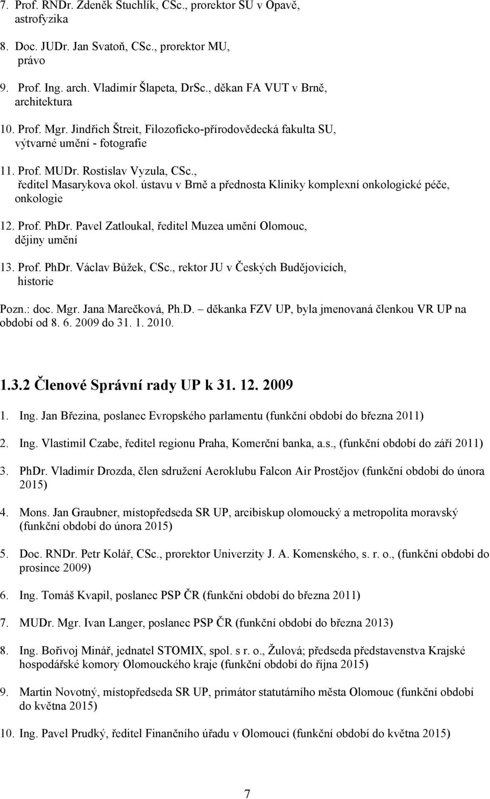 ústavu v Brně a přednosta Kliniky komplexní onkologické péče, onkologie 12. Prof. PhDr. Pavel Zatloukal, ředitel Muzea umění Olomouc, dějiny umění 13. Prof. PhDr. Václav Bůžek, Sc.