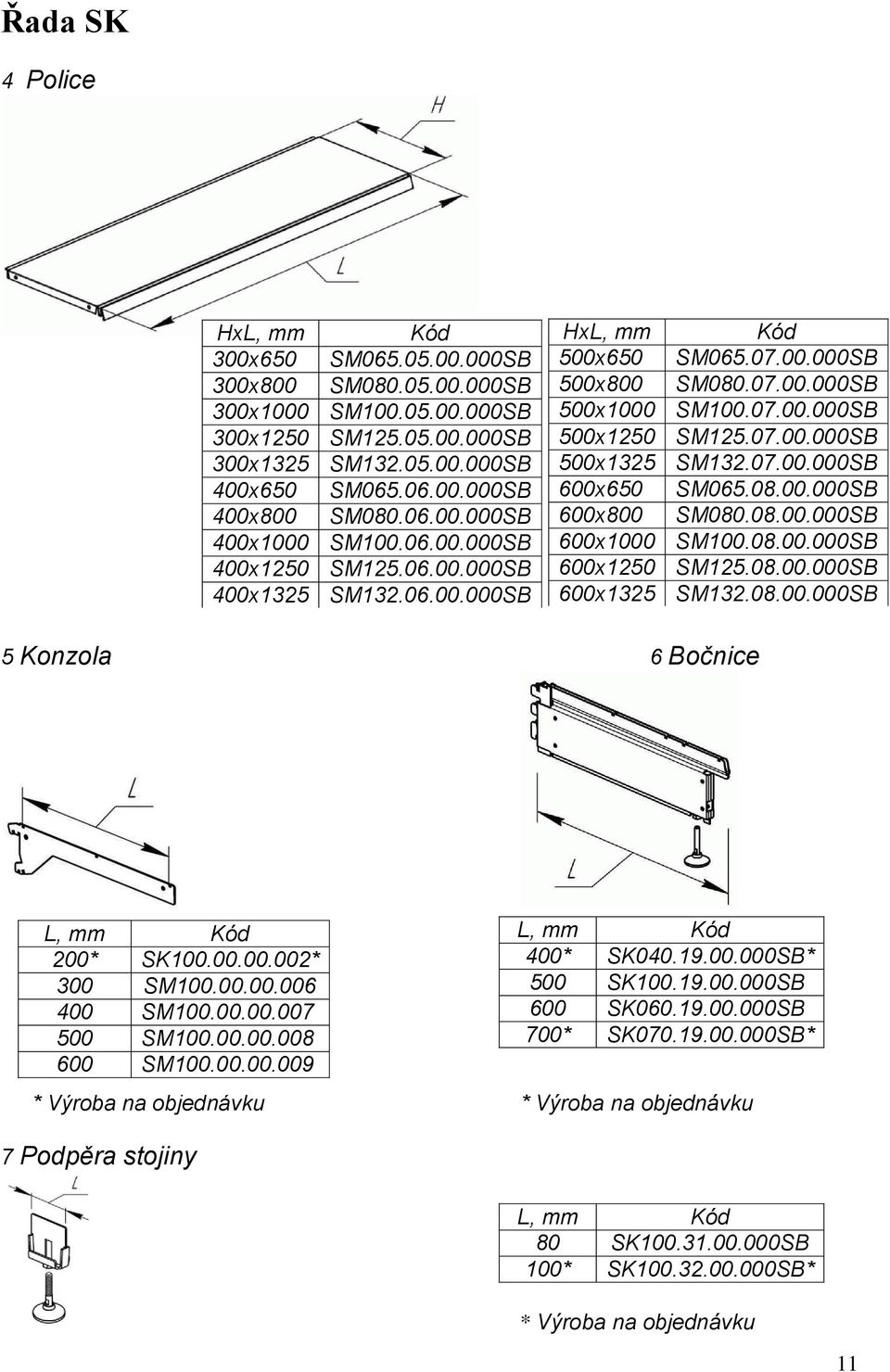 08.00.000SB 600x800 SM080.08.00.000SB 600x1000 SM100.08.00.000SB 600x1250 SM125.08.00.000SB 600x1325 SM132.08.00.000SB 5 Konzola 6 Bočnice 200* SK100.00.00.002* 300 SM100.00.00.006 400 SM100.00.00.007 500 SM100.