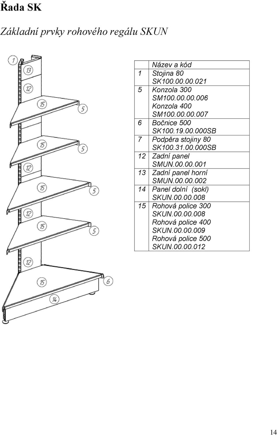 00.00.001 13 Zadní panel horní SMUN.00.00.002 14 Panel dolní (sokl) SKUN.00.00.008 15 Rohová police 300 SKUN.
