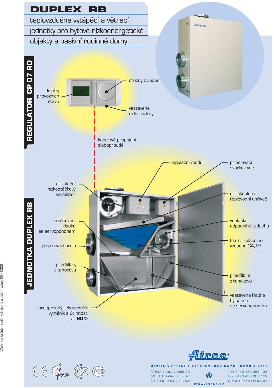 DUPLEX RB směšovací klapka se servopohonem připojovací hrdla předfiltr i z tahokovu protiproudý rekuperační výměník s účinností až 9% ventilátor odpadního vzduchu filtr cirkulačního vzduchu G4, F7