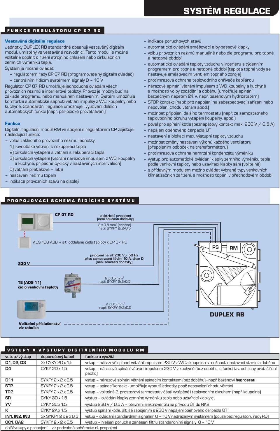 Systém je možné ovládat: regulátorem řady CP 7 RD (programovatelný digitální ovladač) centrálním řídícím systémem signály V Regulátor CP 7 RD umožňuje jednoduché ovládání všech provozních režimů a