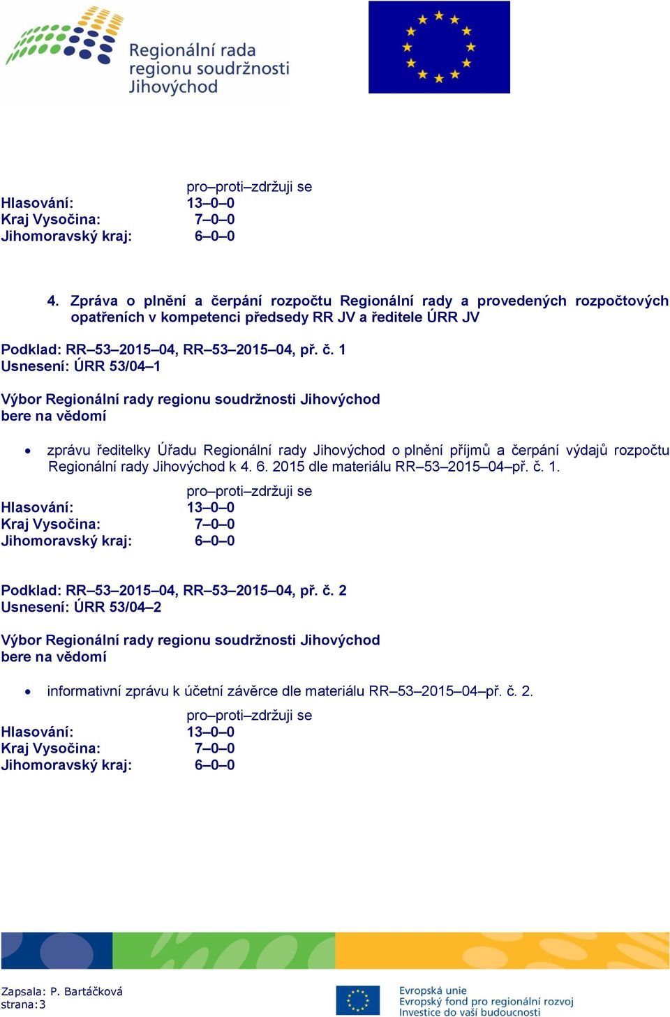 1 Usnesení: ÚRR 53/04 1 zprávu ředitelky Úřadu Regionální rady Jihovýchod o plnění příjmů a čerpání výdajů rozpočtu Regionální rady