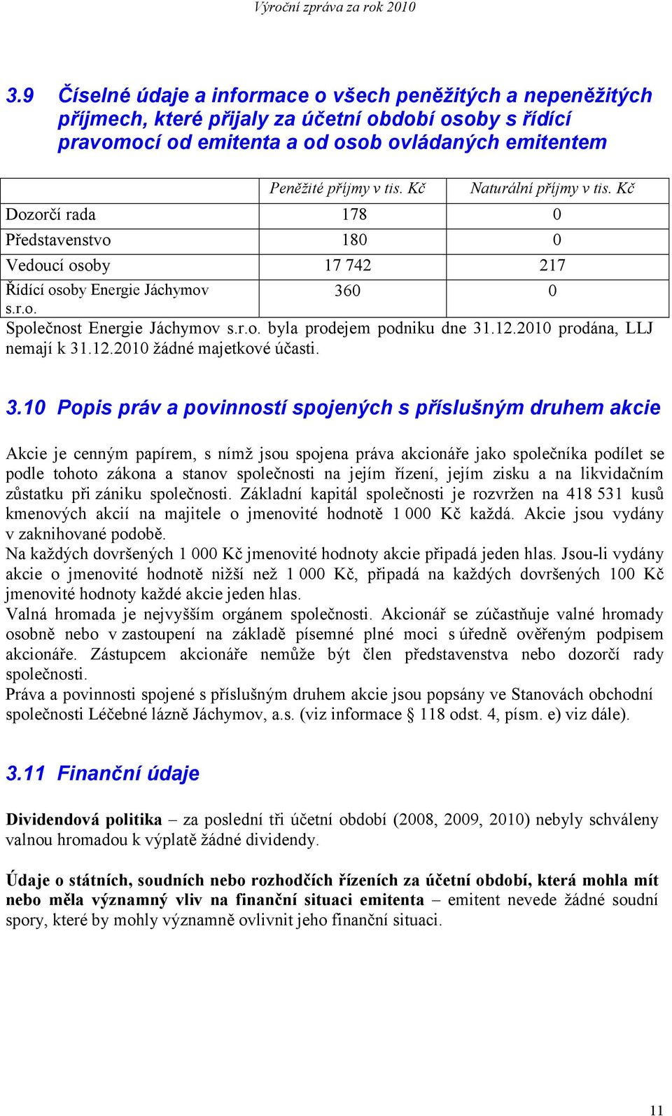 Kč Naturální příjmy v tis. Kč Dozorčí rada 178 0 Představenstvo 180 0 Vedoucí osoby 17 742 217 Řídící osoby Energie Jáchymov 360 0 s.r.o. Společnost Energie Jáchymov s.r.o. byla prodejem podniku dne 31.