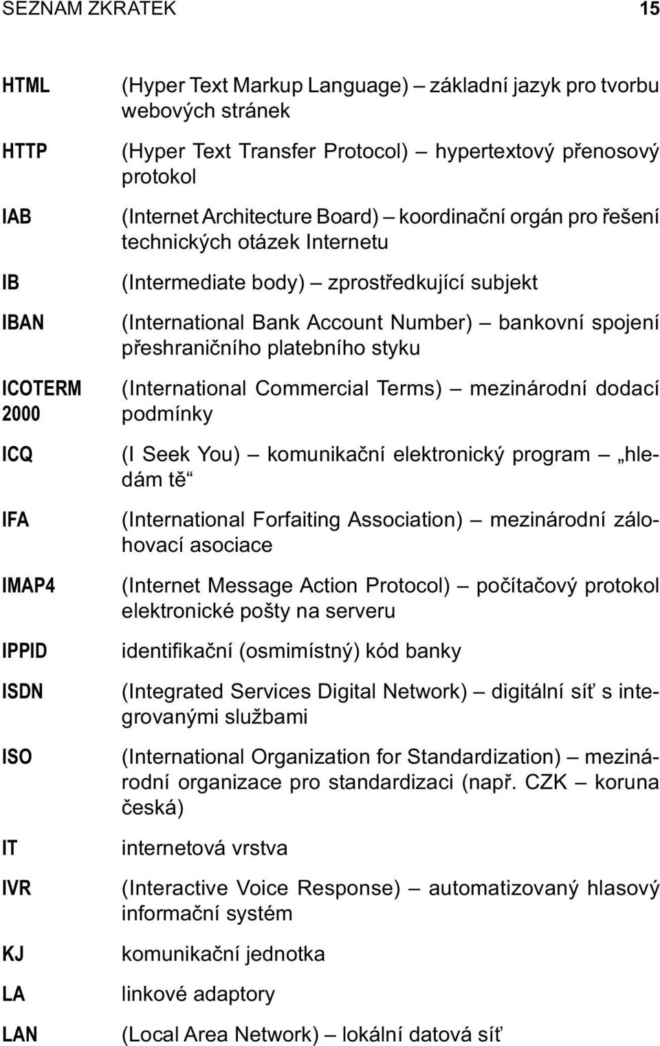 ICOTERM (International Commercial Terms) mezinárodní dodací 2000 podmínky ICQ IFA IMAP4 IPPID ISDN ISO IT IVR KJ LA LAN (I Seek You) komunikační elektronický program hledám tě (International