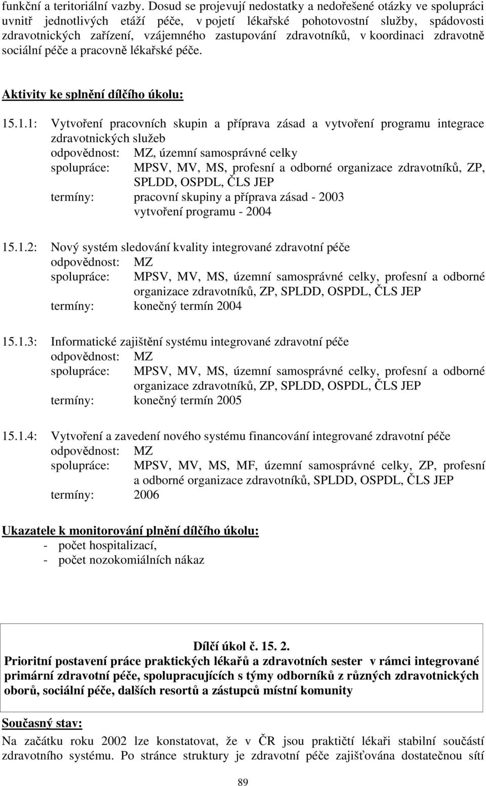 zdravotníků, v koordinaci zdravotně sociální péče a pracovně lékařské péče. Aktivity ke splnění dílčího úkolu: 15