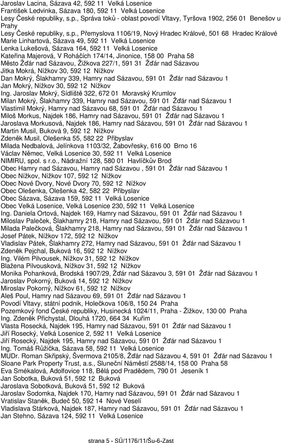 , Správa toků - oblast povodí Vltavy, Tyršova 1902, 256 01 Benešov u Prahy Lesy České repu, Přemyslova 1106/19, Nový Hradec Králové, 501 68 Hradec Králové Marie Linhartová, Sázava 49, 592 11 Velká