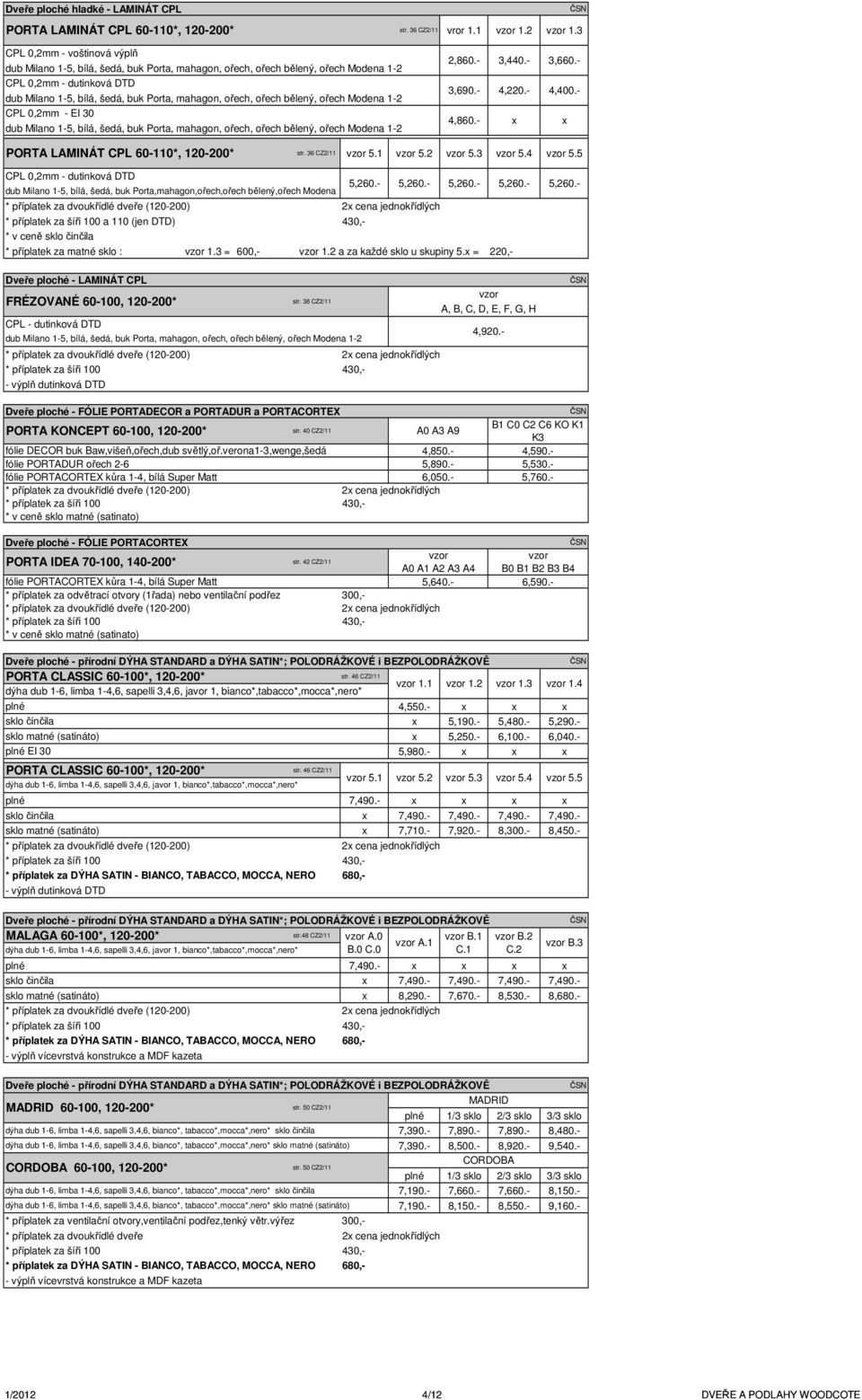 ořech bělený, ořech Modena 1-2 CPL 0,2mm - EI 30 dub Milano 1-5, bílá, šedá, buk Porta, mahagon, ořech, ořech bělený, ořech Modena 1-2 PORTA LAMINÁT CPL 60-110*, 120-200* str. 36 CZ2/11 5.1 5.2 5.3 5.