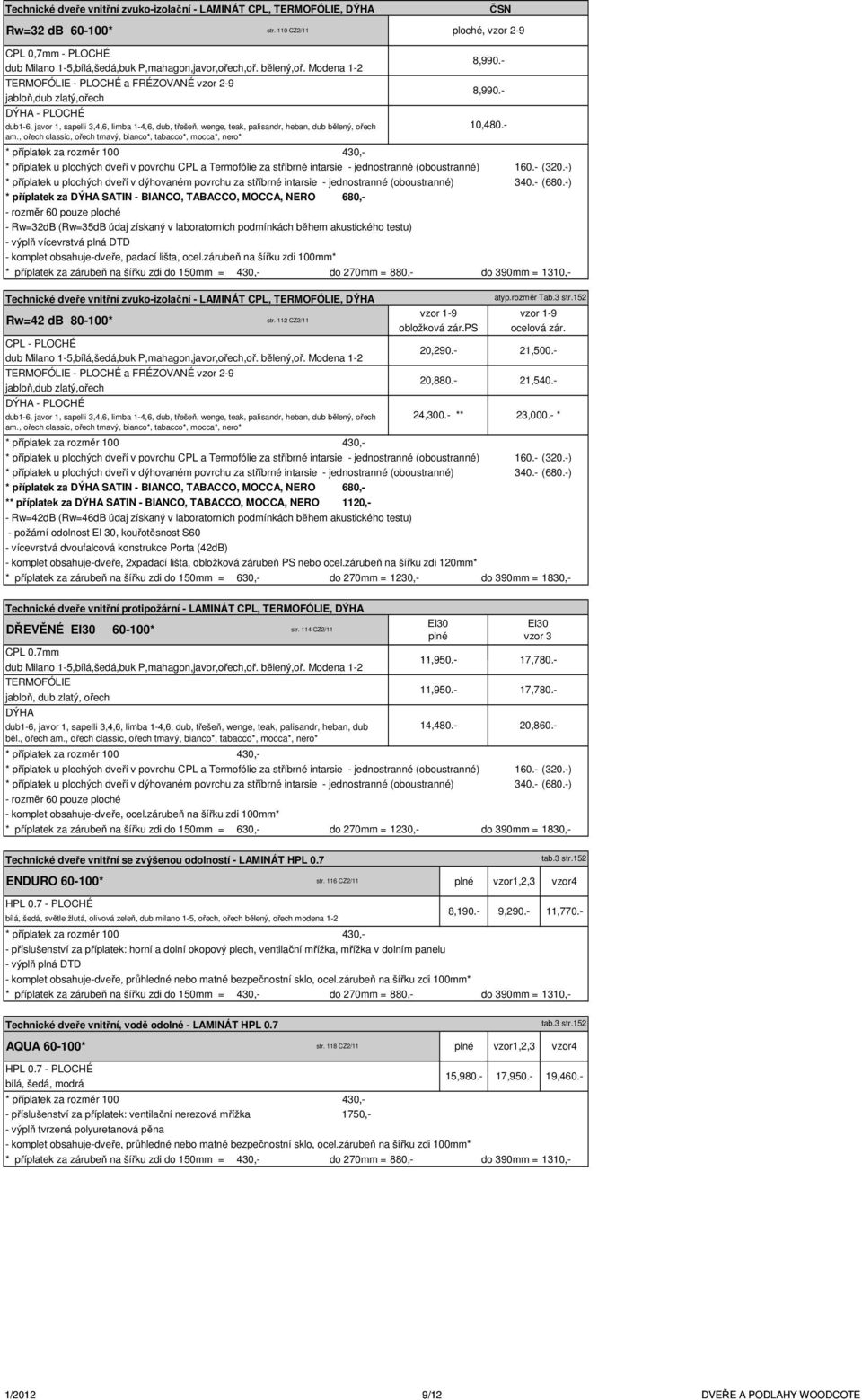 , ořech classic, ořech tmavý, bianco*, tabacco*, mocca*, nero* - rozměr 60 pouze ploché - Rw=32dB (Rw=35dB údaj získaný v laboratorních podmínkách během akustického testu) - výplň vícevrstvá plná DTD