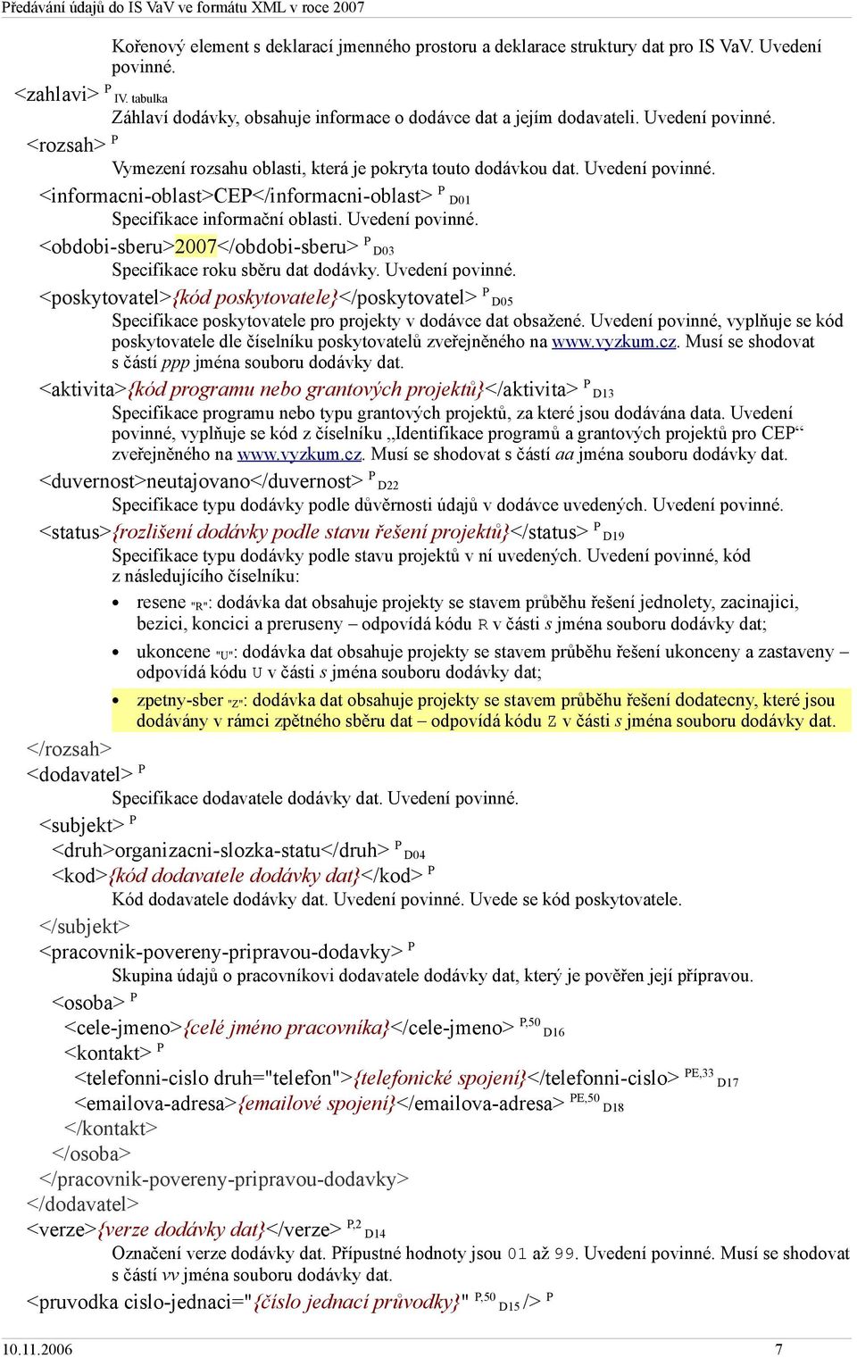 Uvedení povinné. <obdobi-sberu>2007</obdobi-sberu> P D03 Specifikace roku sběru dat dodávky. Uvedení povinné.