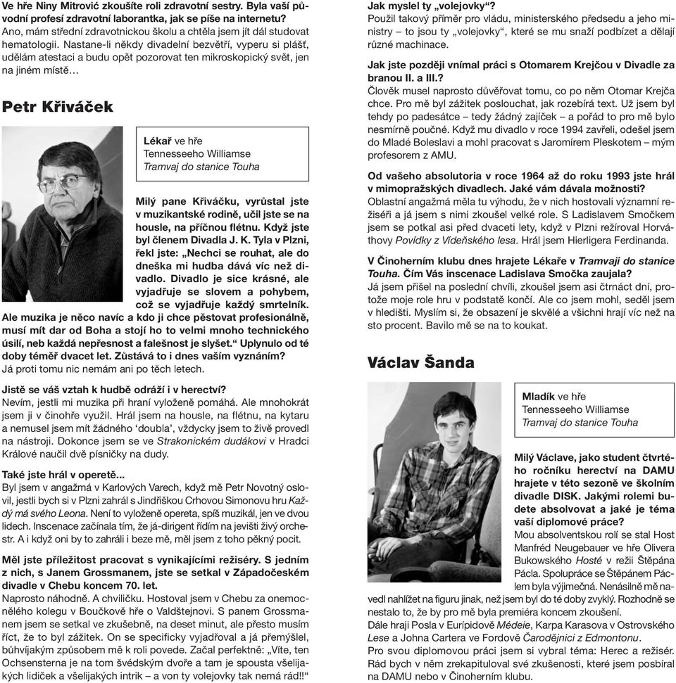 Nastane-li někdy divadelní bezvětří, vyperu si plášť, udělám atestaci a budu opět pozorovat ten mikroskopický svět, jen na jiném místě Petr Křiváček Lékař ve hře Tennesseeho Williamse Tramvaj do