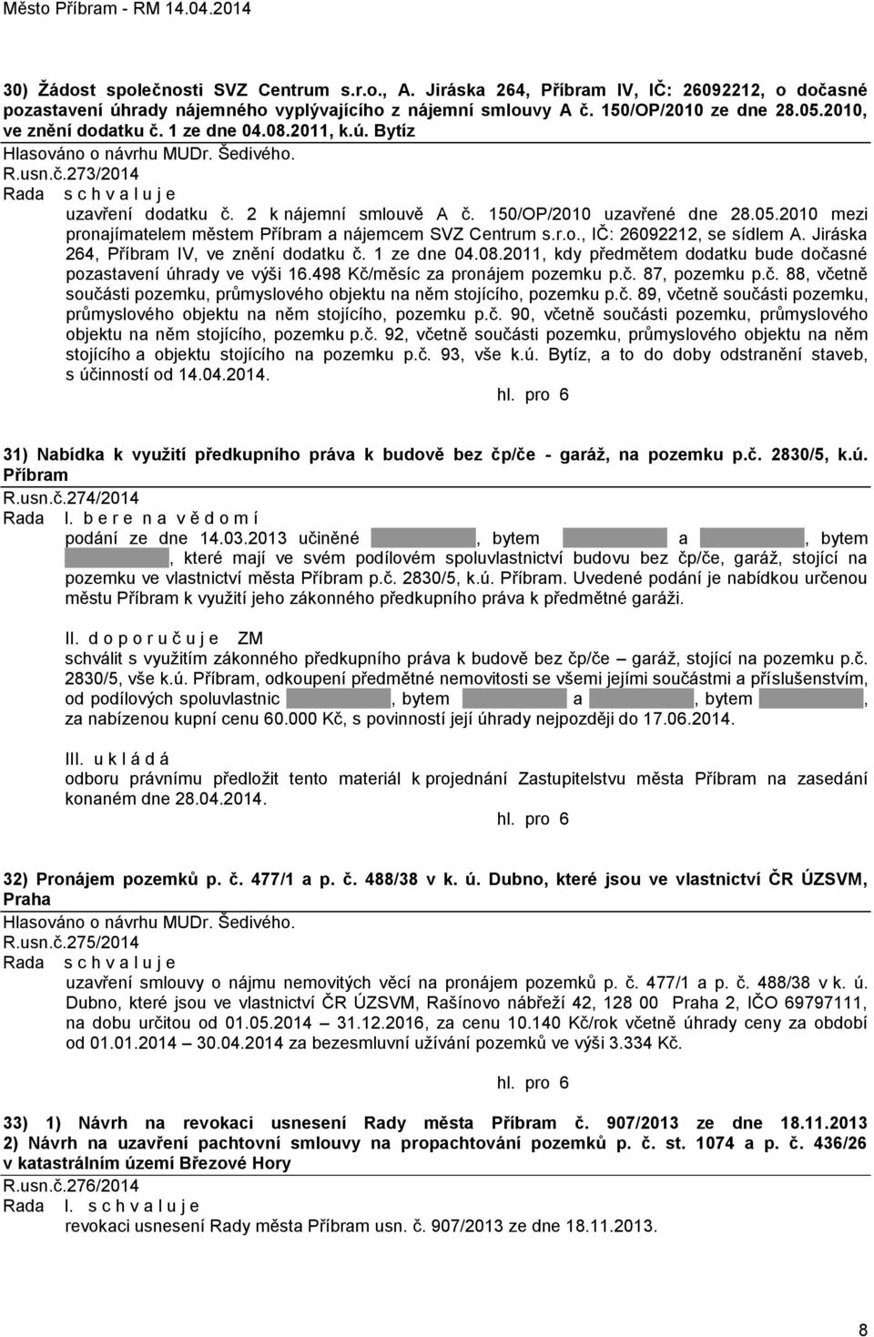 2010 mezi pronajímatelem městem Příbram a nájemcem SVZ Centrum s.r.o., IČ: 26092212, se sídlem A. Jiráska 264, Příbram IV, ve znění dodatku č. 1 ze dne 04.08.