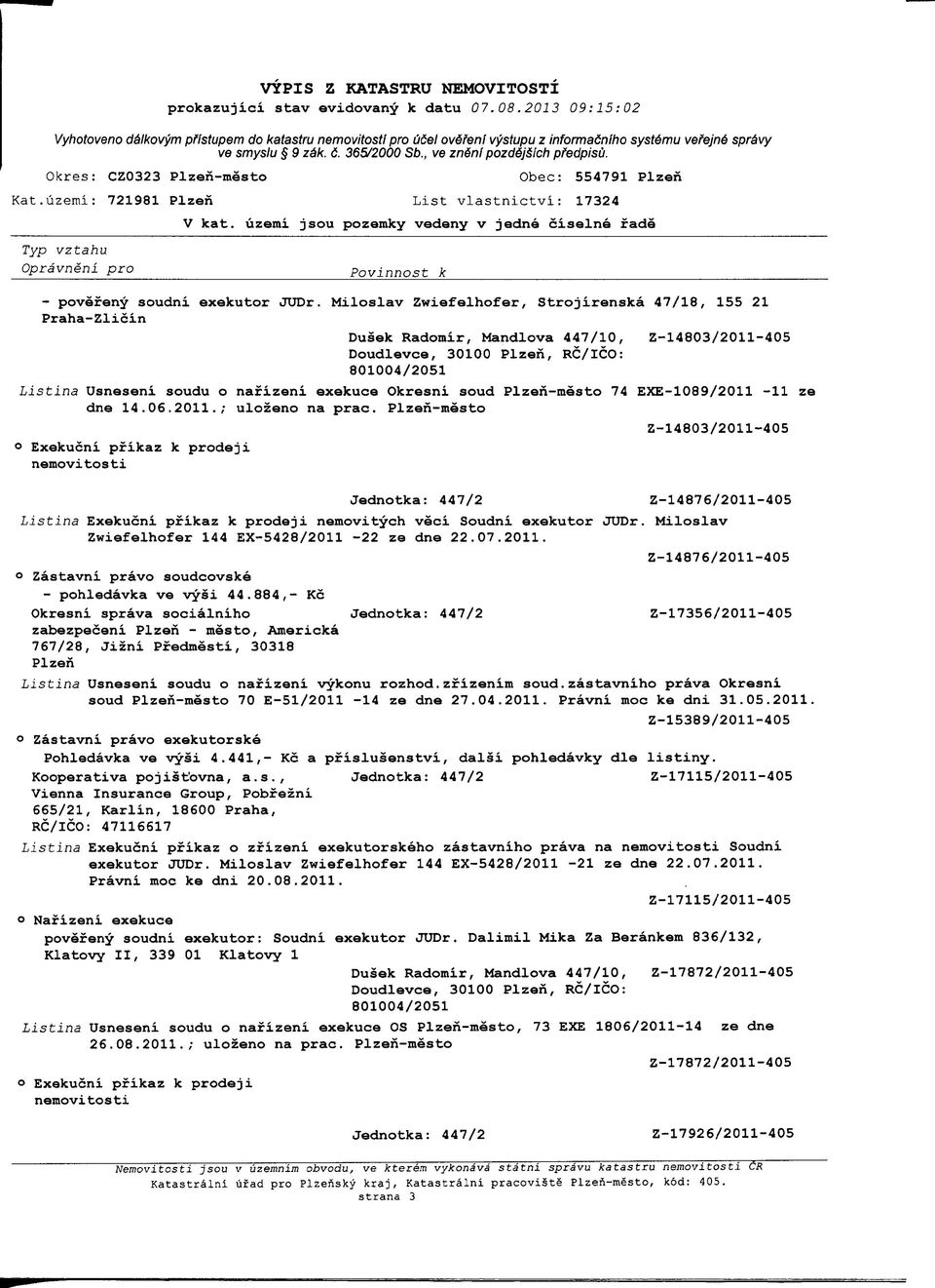 Miloslav Zwiefelhofer, Strojirenska 47/18, 155 21 Praha-Zlioin Dusek Radomir, Mandlova 447/10, Z-14803/2011-405 Listina Usneseni soudu o nafizeni exekuce Okresni soud Plzen-mesto 74 EXE-1089/2011-11