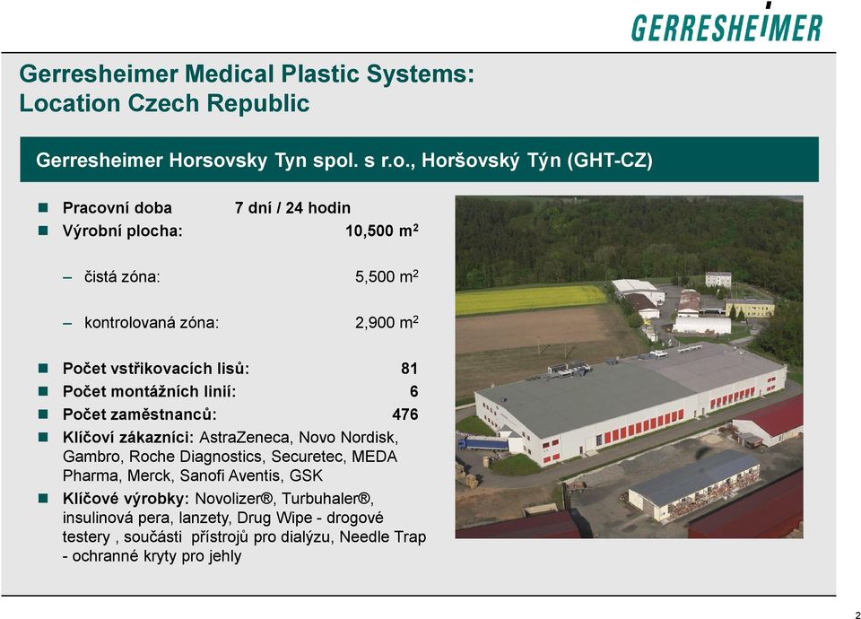 zóna: 5,500 m 2 kontrolovaná zóna: 2,900 m 2 Počet vstřikovacích lisů: 81 Počet montážních linií: 6 Počet zaměstnanců: 476 Klíčoví zákazníci: