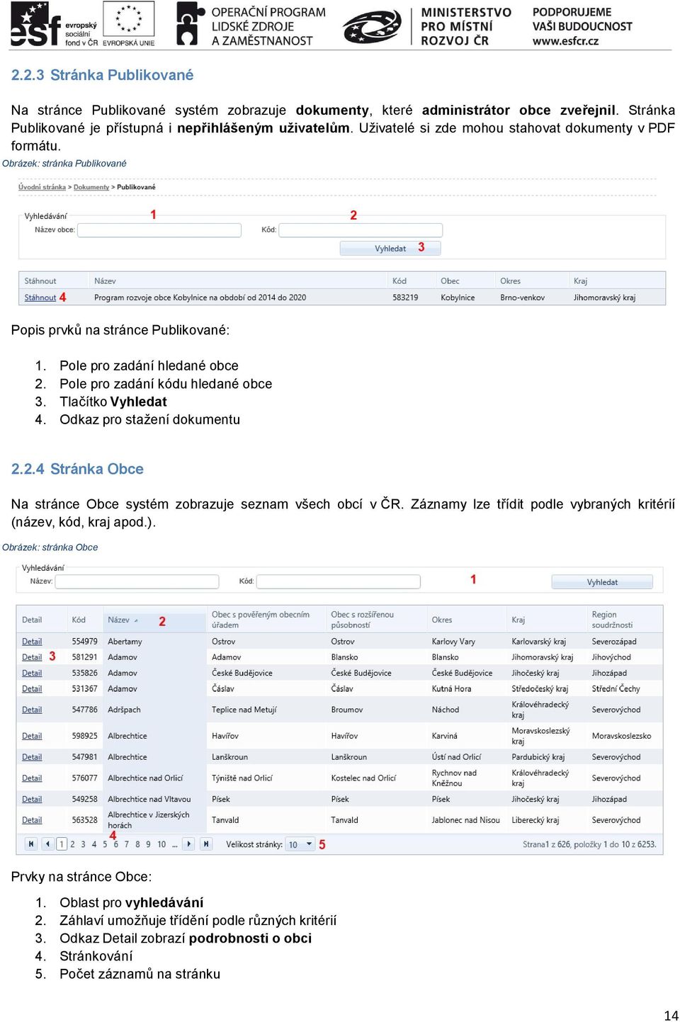 Tlačítko Vyhledat 4. Odkaz pro stažení dokumentu 2.2.4 Stránka Obce Na stránce Obce systém zobrazuje seznam všech obcí v ČR. Záznamy lze třídit podle vybraných kritérií (název, kód, kraj apod.).