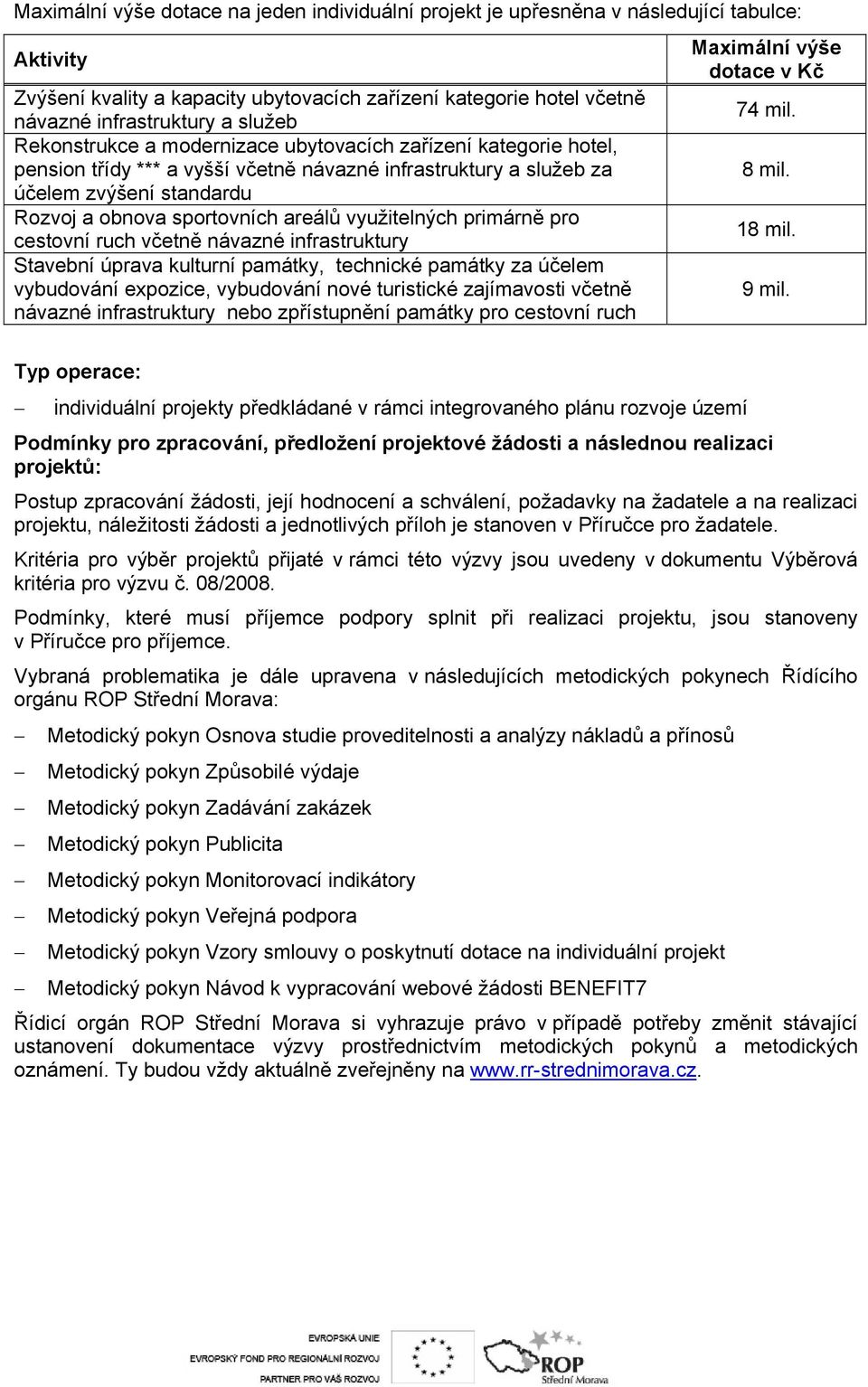 využitelných primárně pro cestovní ruch včetně návazné infrastruktury Stavební úprava kulturní památky, technické památky za účelem vybudování expozice, vybudování nové turistické zajímavosti včetně