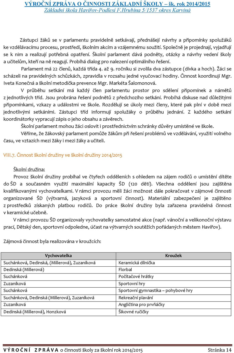 Probíhá dialog pro nalezení optimálního řešení. Parlament má 22 členů, každá třída 4. až 9. ročníku si zvolila dva zástupce (dívka a hoch).