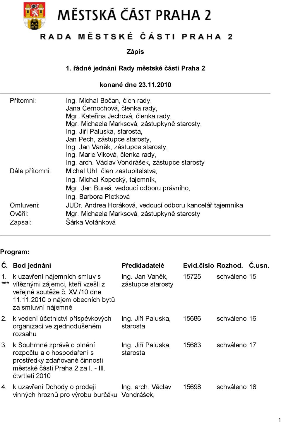 Marie Vlková, členka rady, Ing. arch. Václav Vondrášek, zástupce starosty Michal Uhl, člen zastupitelstva, Ing. Michal Kopecký, tajemník, Mgr. Jan Bureš, vedoucí odboru právního, Ing.