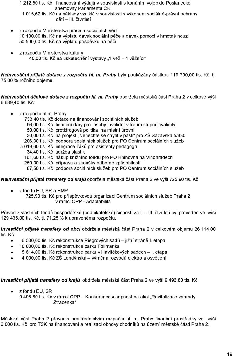 Kč na výplatu příspěvku na péči z rozpočtu Ministerstva kultury 40,00 tis. Kč na uskutečnění výstavy 1 věž 4 věžníci Neinvestiční přijaté dotace z rozpočtu hl. m.