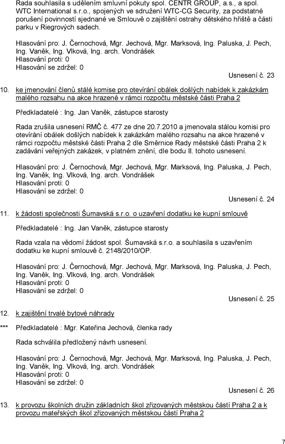 ke jmenování členů stálé komise pro otevírání obálek došlých nabídek k zakázkám malého rozsahu na akce hrazené v rámci rozpočtu městské části Praha 2 Předkladatelé : Ing.