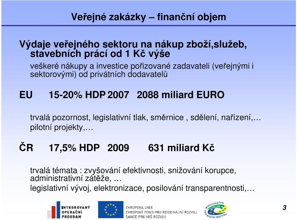 pozornost, legislativní tlak, směrnice, sdělení, nařízení, pilotní projekty, ČR 17,5% HDP 2009 631 miliard Kč trvalá témata :