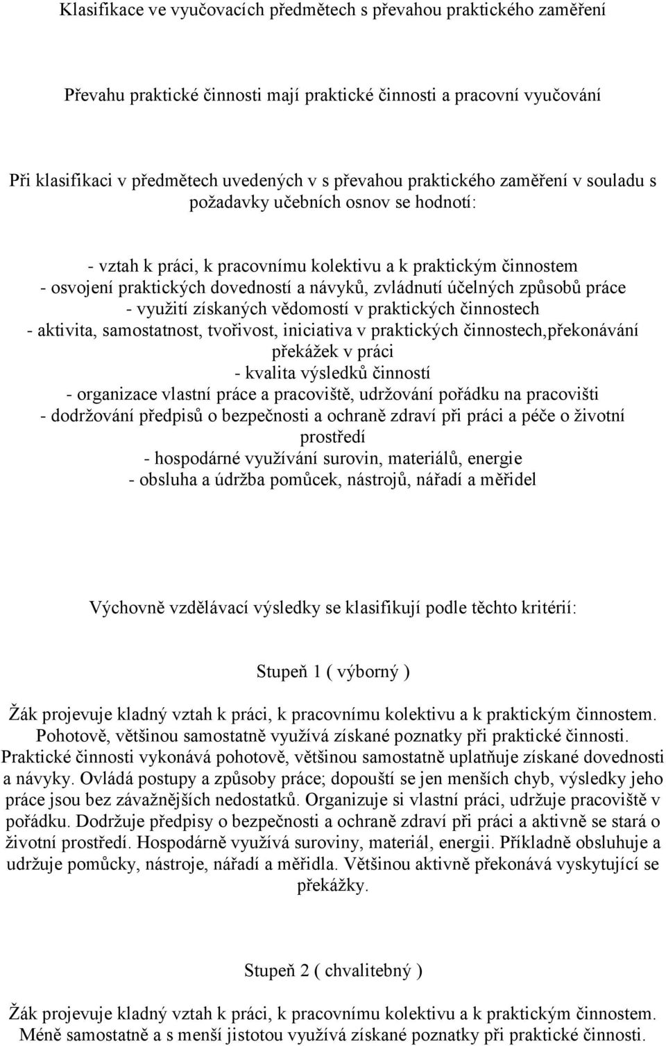 způsobů práce - využití získaných vědomostí v praktických činnostech - aktivita, samostatnost, tvořivost, iniciativa v praktických činnostech,překonávání překážek v práci - kvalita výsledků činností
