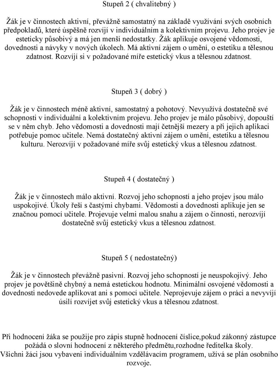 Rozvíjí si v požadované míře estetický vkus a tělesnou zdatnost. Stupeň 3 ( dobrý ) Žák je v činnostech méně aktivní, samostatný a pohotový.