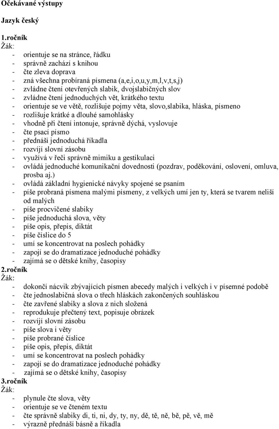 - zvládne čtení jednoduchých vět, krátkého textu - orientuje se ve větě, rozlišuje pojmy věta, slovo,slabika, hláska, písmeno - rozlišuje krátké a dlouhé samohlásky - vhodně při čtení intonuje,